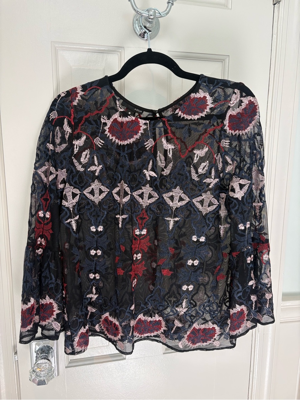 AQUA ~ Black Embroidered Mesh Floral Top